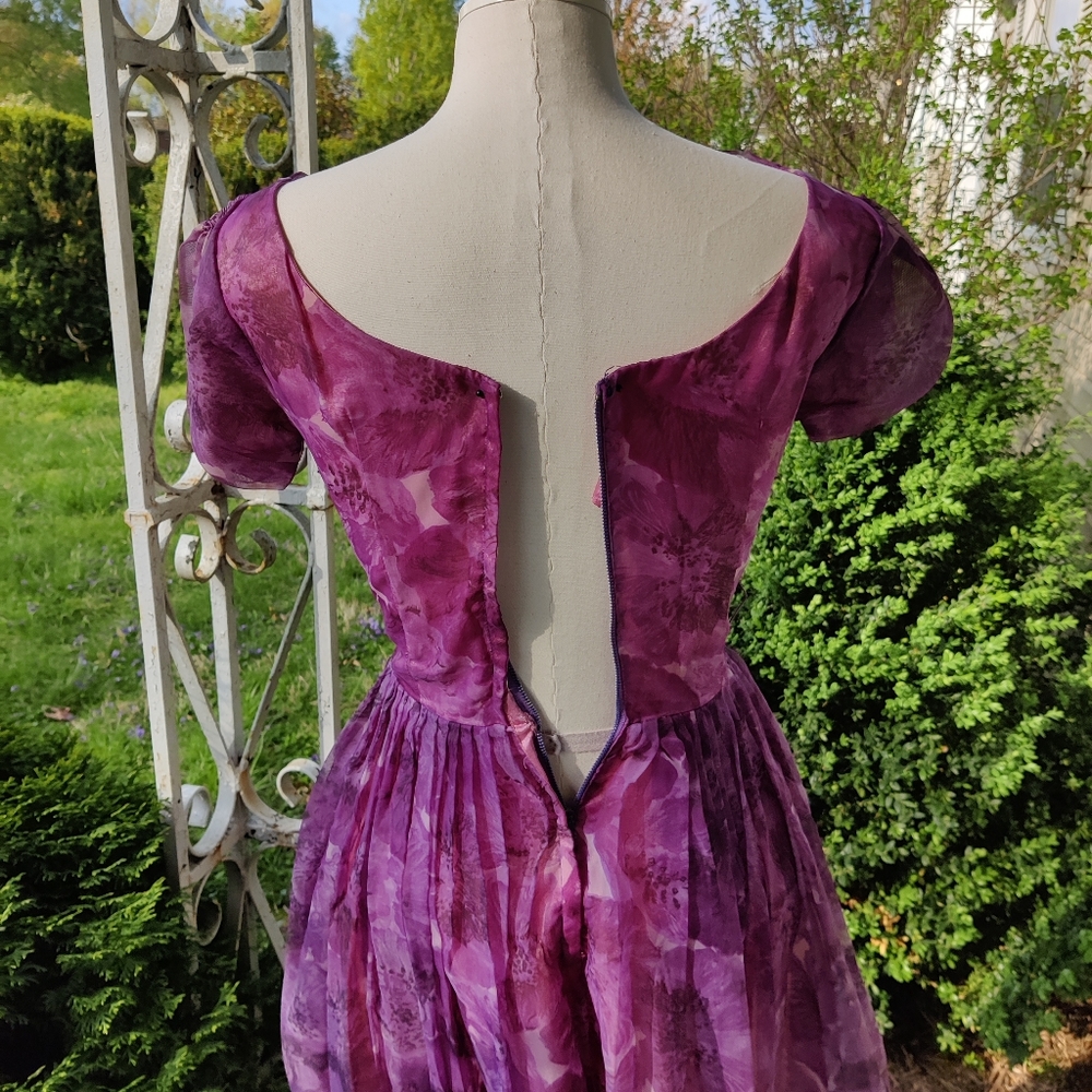 XXS XS 50s 60s Purple Floral Garden Party Dress - Picture 14 of 16